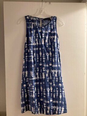 Tahari Sleeveless 100% Linen Blue White Tie Dyed A Line Dress X Small